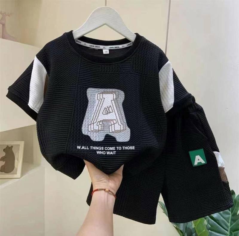 Boys A Letter Waffle Black Suit – Pure Cotton Kids Suit – Rs.1079 – Sheinn Pakistan