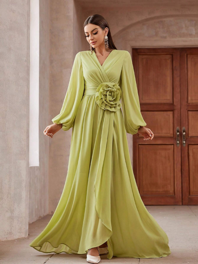 Women's Green 3D Flower Decoration Maxi