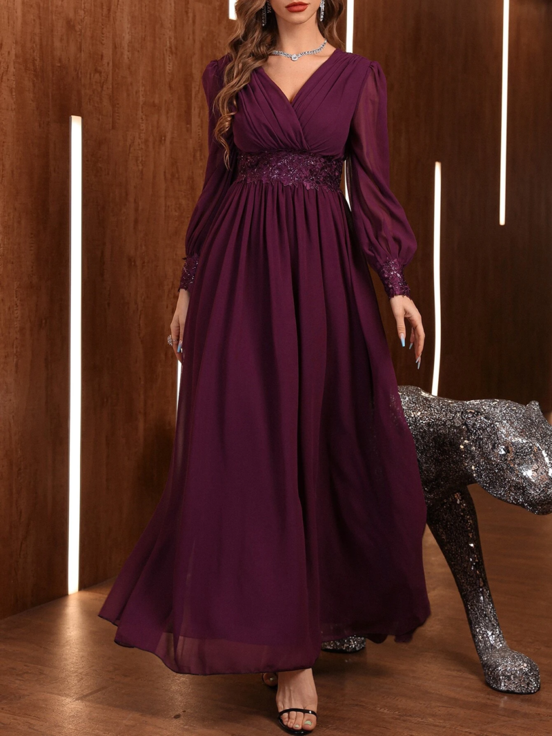 Women's Maroonish Elegant Lantern Sleeves Chiffon Maxi