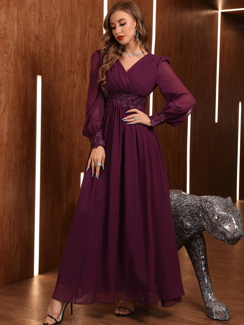 Women's Maroonish Elegant Lantern Sleeves Chiffon Maxi