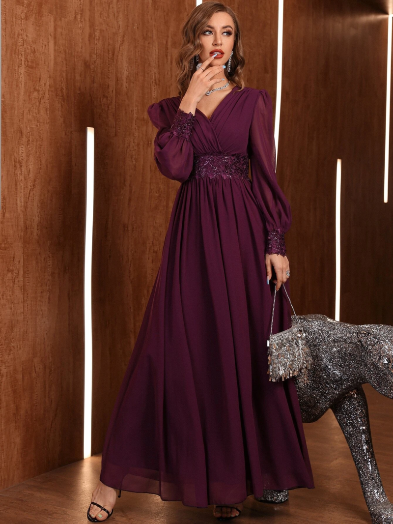 Women's Maroonish Elegant Lantern Sleeves Chiffon Maxi