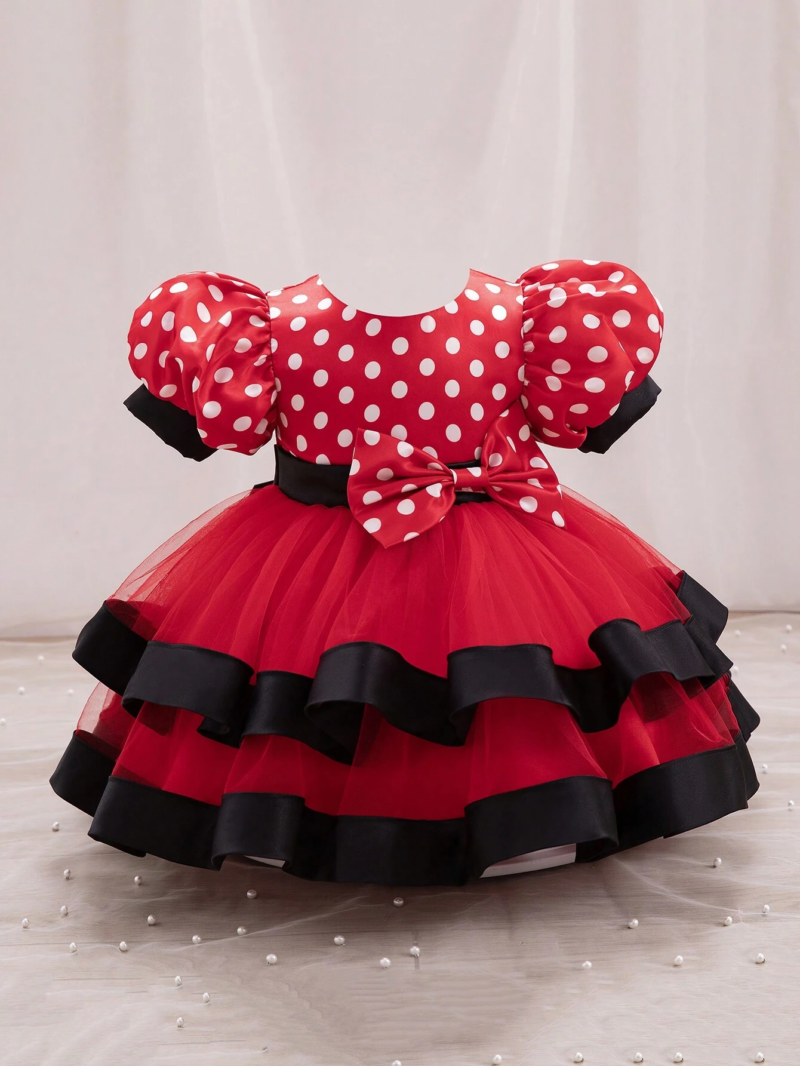 Baby Red & White Dotted Multi Layered Frock