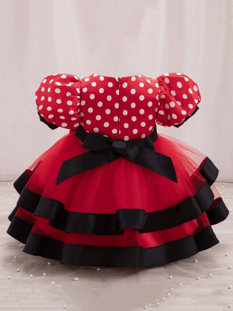 Baby Red & White Dotted Multi Layered Frock