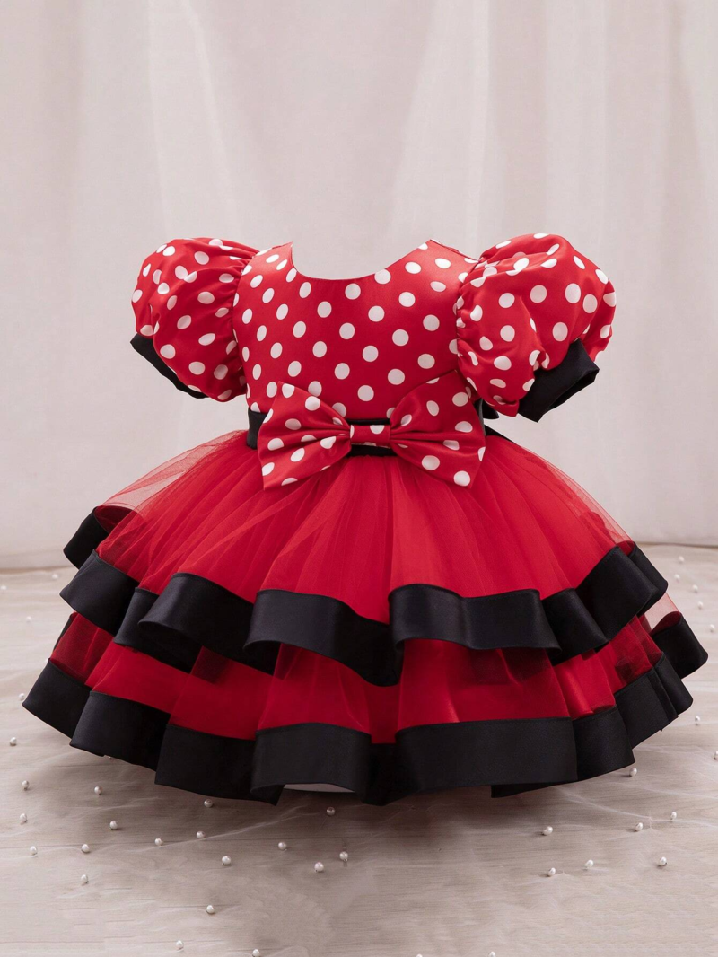 Baby Red & White Dotted Multi Layered Frock