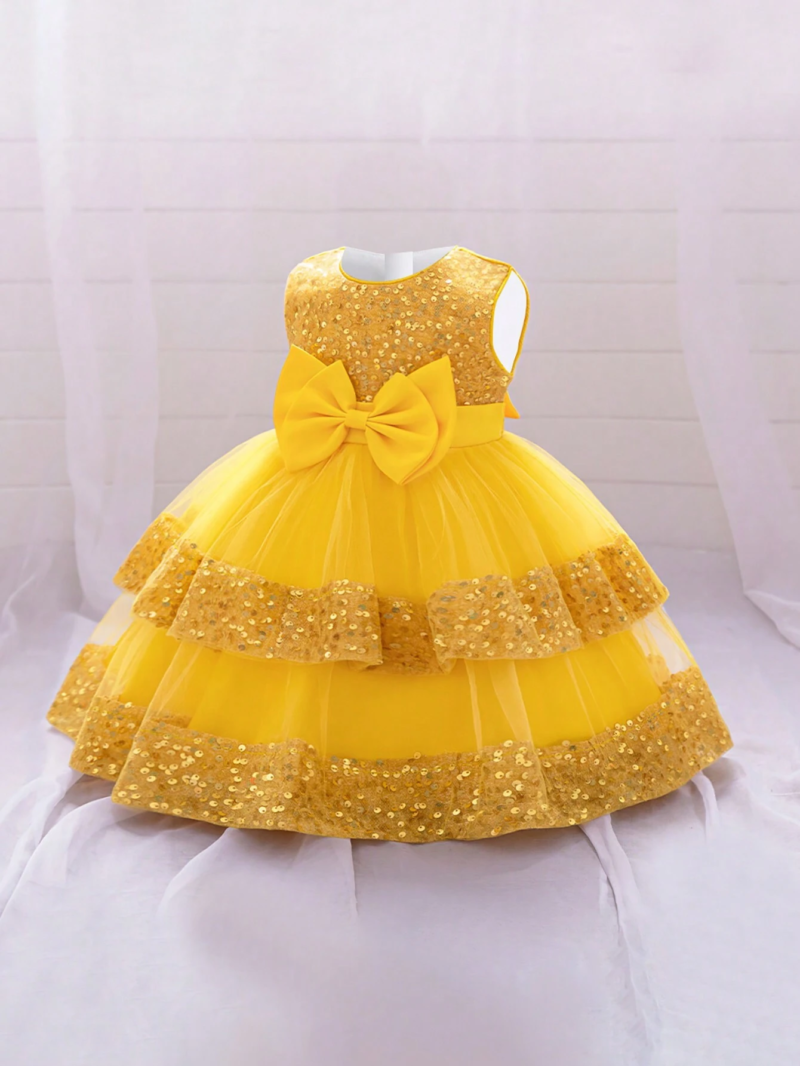 Baby Yellow Sequin Multi Layered Bow Frock