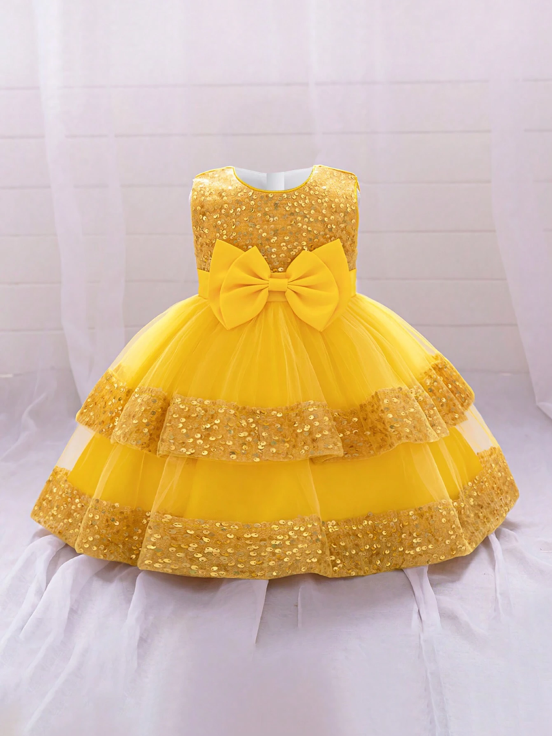 Baby Yellow Sequin Multi Layered Bow Frock