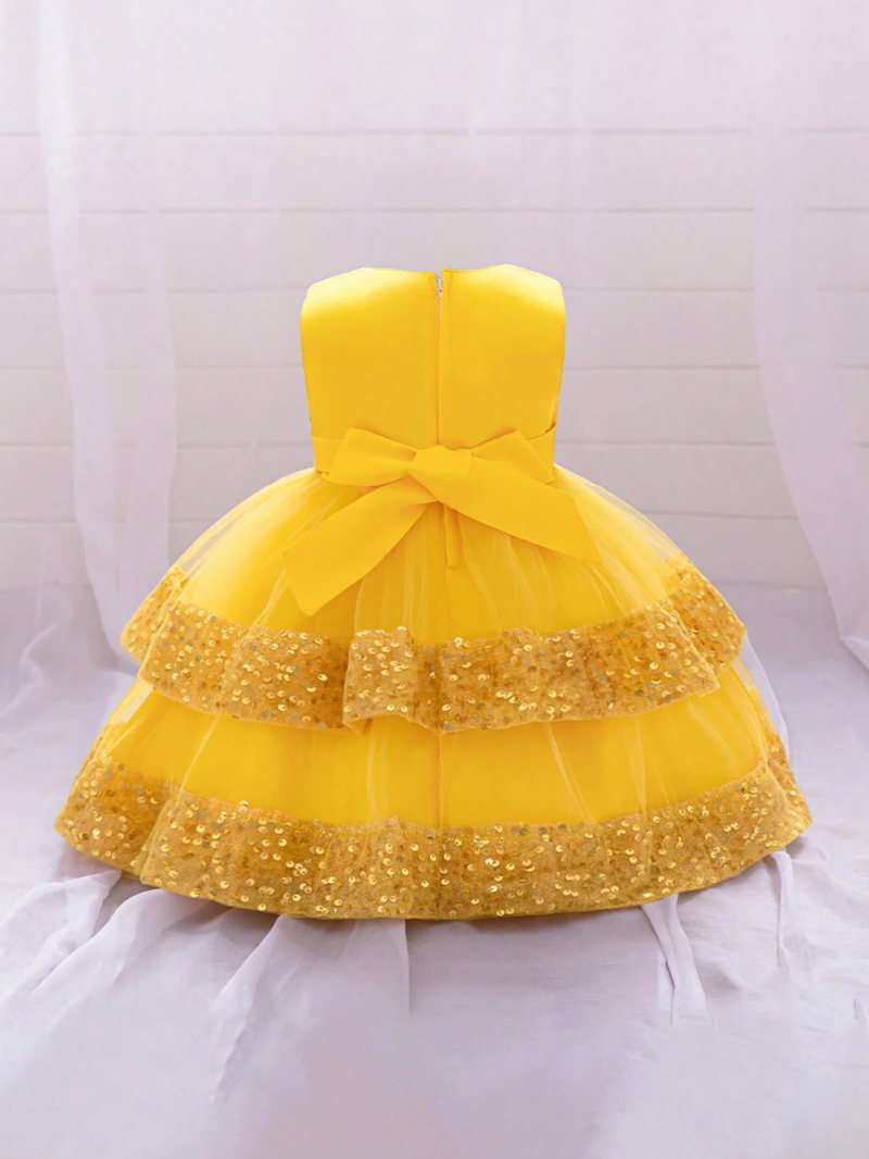 Baby Yellow Sequin Multi Layered Bow Frock