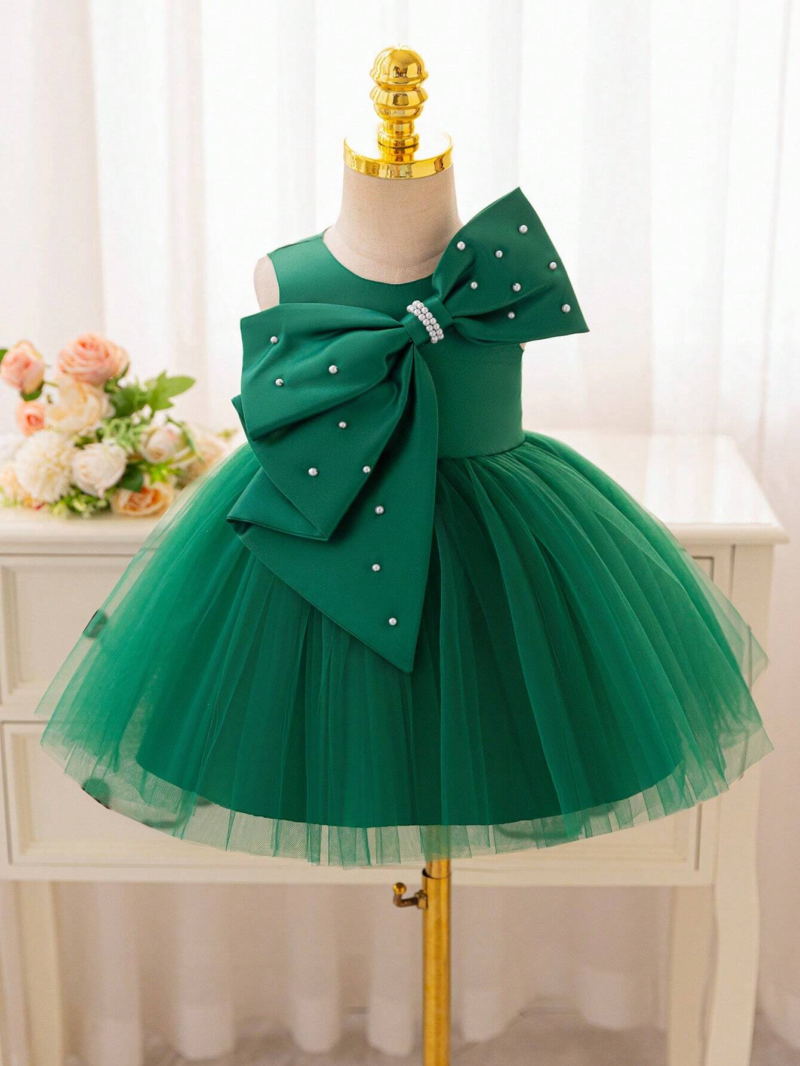 Baby Green Big Bow Pearls Frock