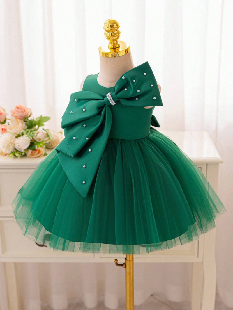 Baby Green Big Bow Pearls Frock