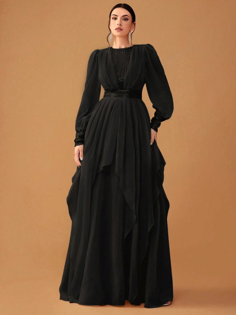 Women's Black Elegant Chiffon Sequined Lantern Sleeve Maxi