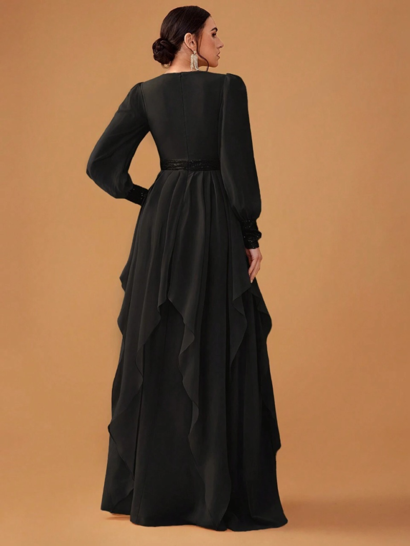 Women's Black Elegant Chiffon Sequined Lantern Sleeve Maxi