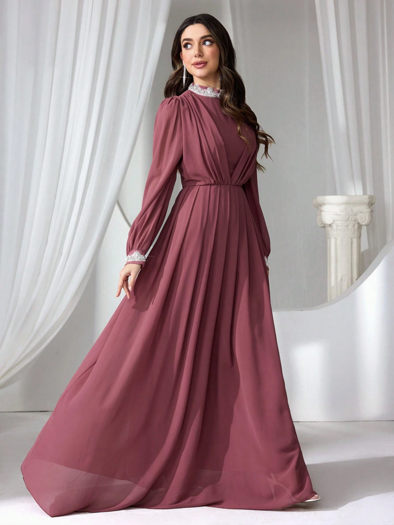 Women's Brown Mock Neck Long Sleeves Maxi