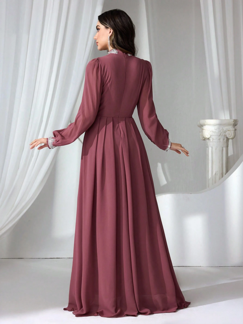 Women's Brown Mock Neck Long Sleeves Maxi