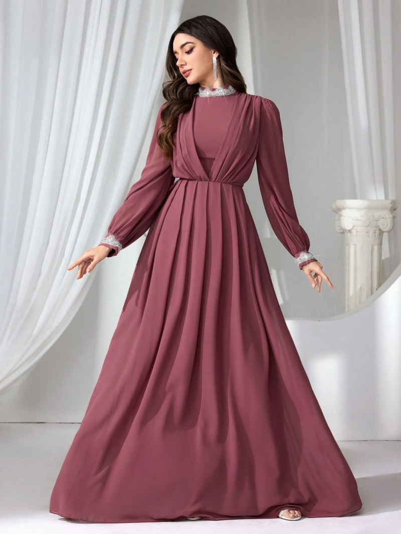 Women's Brown Mock Neck Long Sleeves Maxi