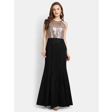 Black & Golden Round Neck Embellished Maxi