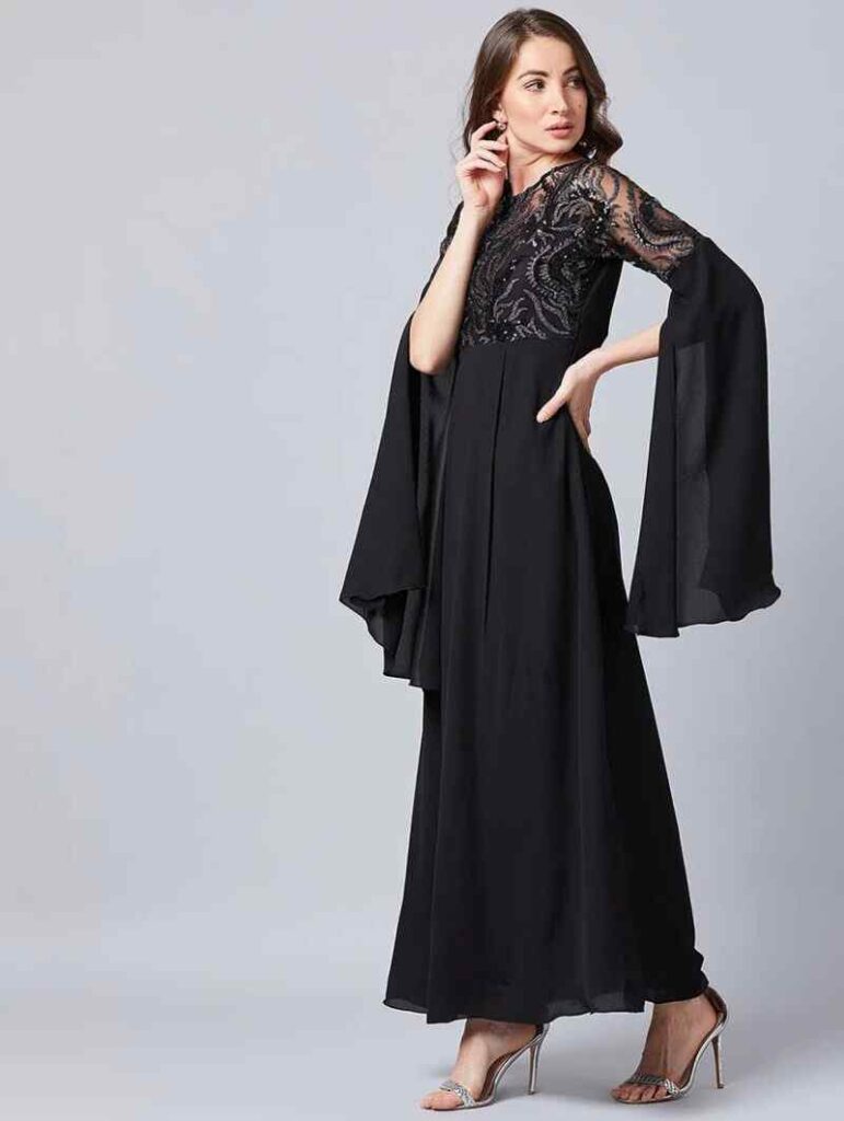 Black Long Sleeves Net Maxi