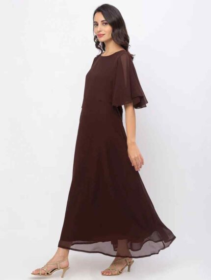 Brown Round Neck Flare Maxi