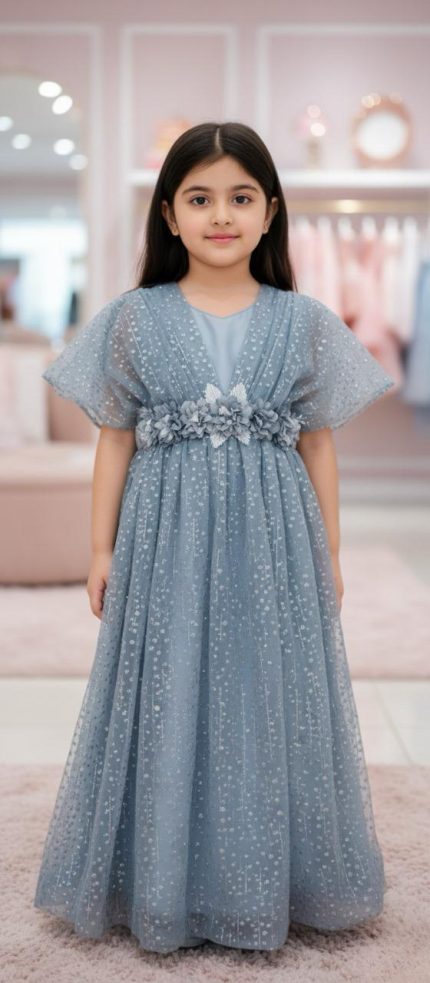 Dusty Blue Floral Waist Long Maxi Dress