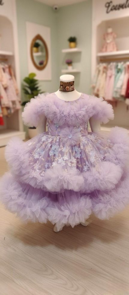 Lavender Flower Applique Heavy Ruffle Frock
