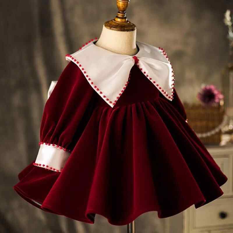 Maroon Velvet Baby Frock With Cream Bow & Pearls