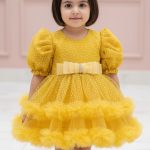 Mustard Polka Dot Puff Sleeves Frock