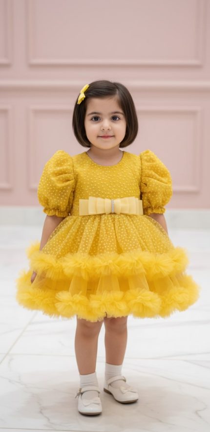 Mustard Polka Dot Puff Sleeves Frock