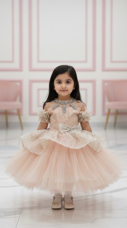 Peach Sequin Tulle Necklace Frock