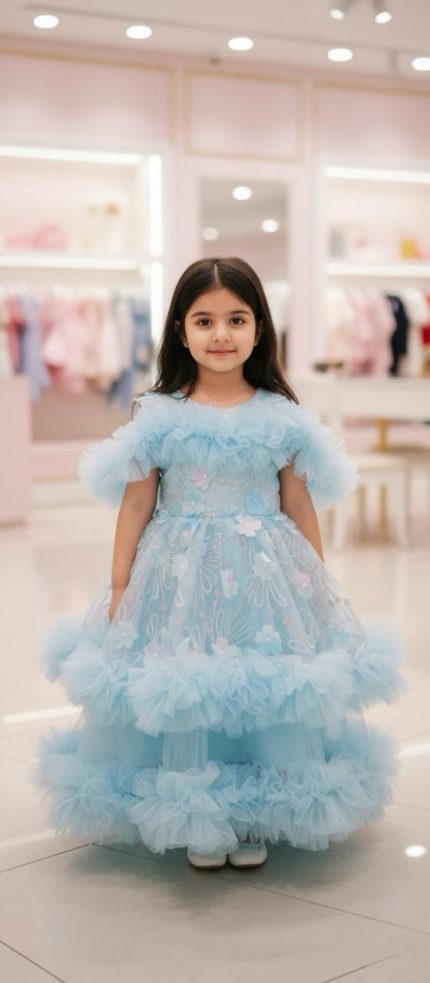 Sky Blue Floral Applique Ruffle Frock