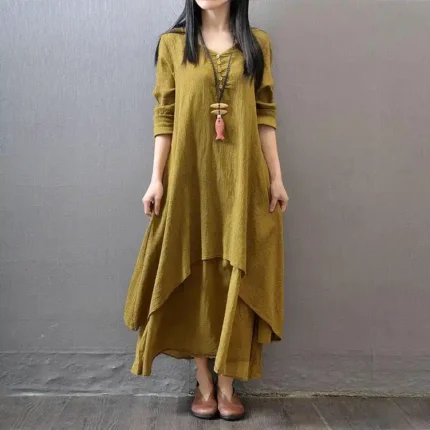 V-Neck Solid Double Layer Mustard Maxi