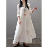 V-Neck Solid Double Layer White Maxi