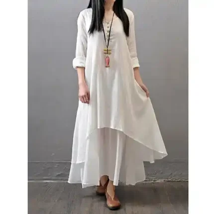 V-Neck Solid Double Layer White Maxi