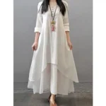V-Neck Solid Double Layer White Maxi