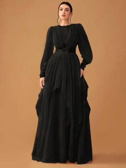 Women’s Black Elegant Chiffon Sequined Lantern Sleeve Maxi