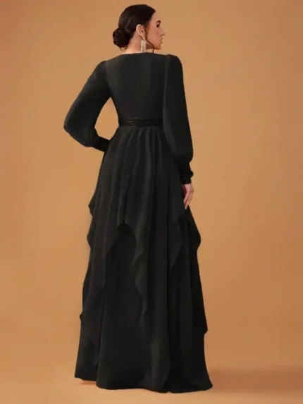 Women’s Black Elegant Chiffon Sequined Lantern Sleeve Maxi