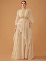 Women’s Champagne Elegant Chiffon Sequined Lantern Sleeve Maxi