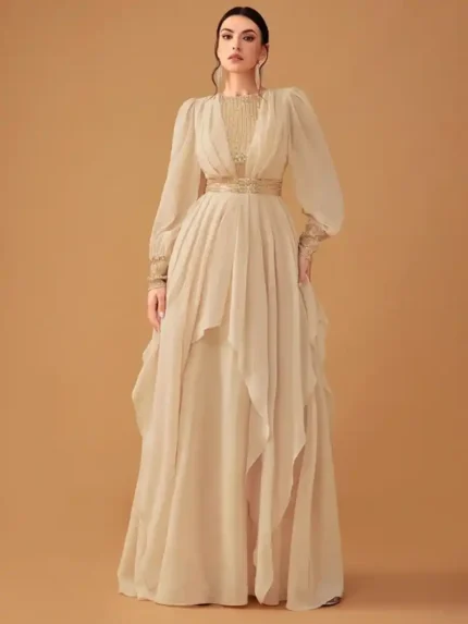 Women’s Champagne Elegant Chiffon Sequined Lantern Sleeve Maxi