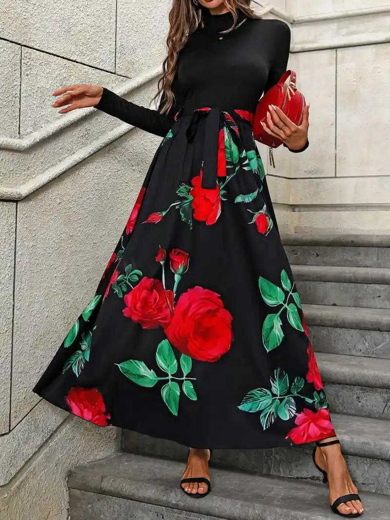 Women’s Stand Collar Long Sleeve Floral Print Belted Maxi