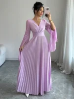 Women’s V-Neck Pleated Open Sleeve Maxi